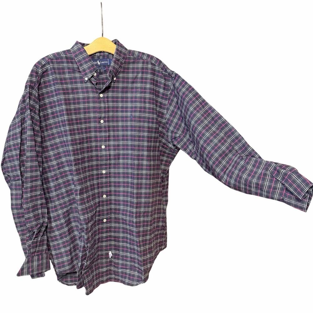 Vintage Ralph Lauren Plaid Button Down Shirt Navy Red Cotton Men’s Large preppy